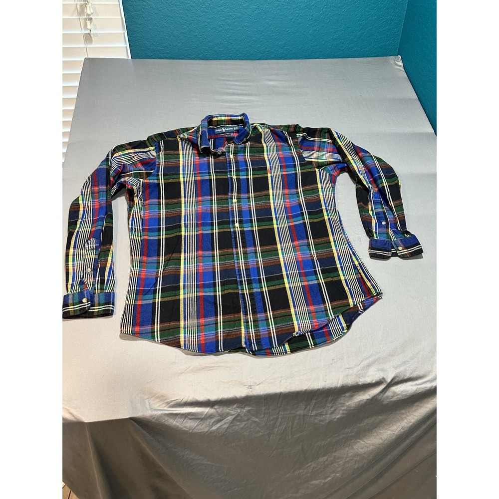 RALPH LAUREN‎ Men's XL Custom Fit Plaid Flannel L/S 2XL Pony Blue Polo Shirt